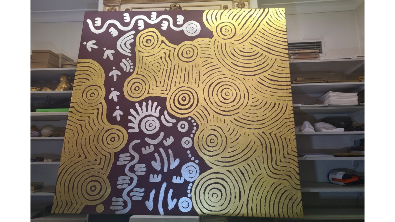 Aboriginal artwork with 24k gold leaf and silver leaf on canvas.