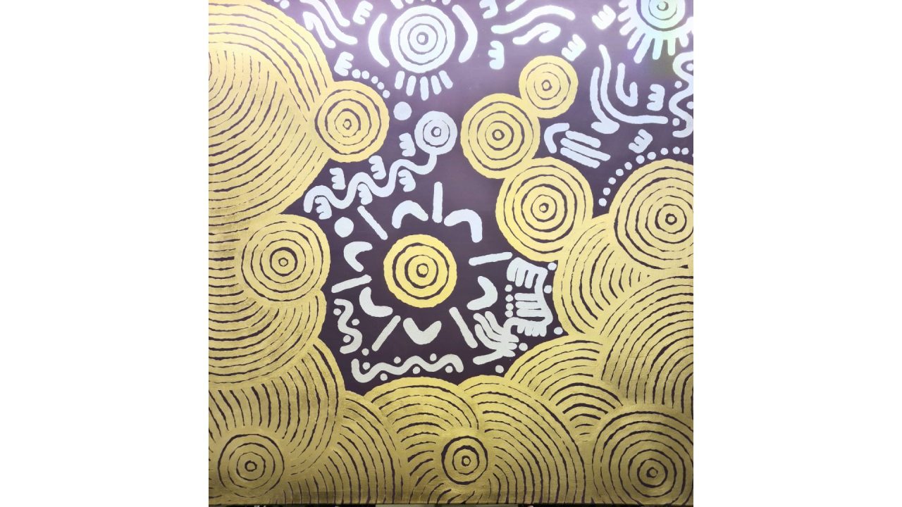 Aboriginal artwork with 24k gold leaf and silver leaf on canvas.