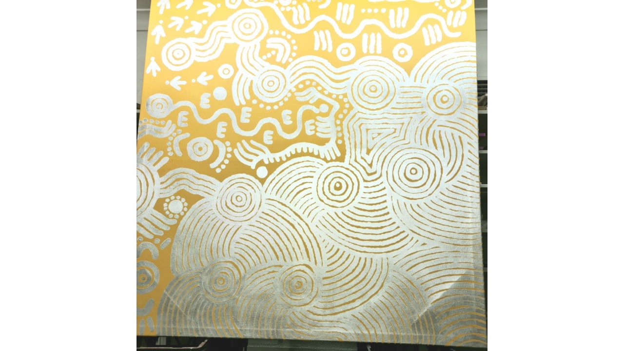 Aboriginal artwork with 24k gold leaf and silver leaf on canvas.