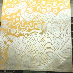 Aboriginal artwork with 24k gold leaf and silver leaf on canvas.