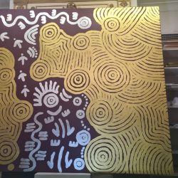 Aboriginal artwork with 24k gold leaf and silver leaf on canvas.