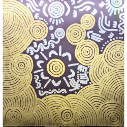 Aboriginal artwork with 24k gold leaf and silver leaf on canvas.