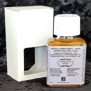 A bottle of Mixtion LeFranc oil based gold size for gold leafing.