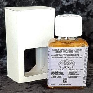 A bottle of Mixtion LeFranc oil based gold size for gold leafing.