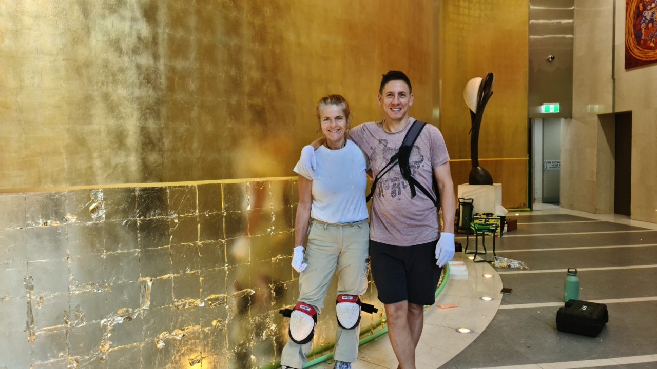 A gold-leafed wall in an office building at number 2 Bulletin Street, Sydney.